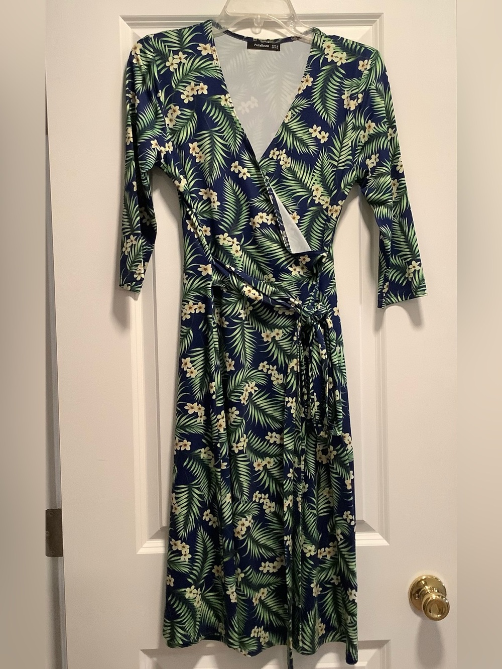 PattyBoutik Navy Wrap Dress with Green Leaf and Cream Floral Print